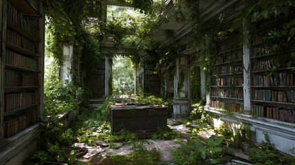 Obraz premium Overgrown Ancient Library Ruins with Nature Reclaiming Architecture