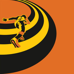 Dynamic vector illustration of a runner sprinting on a curved track, symbolizing speed, determination, fitness, and the journey toward goals with bold contrasting colors and modern flat style