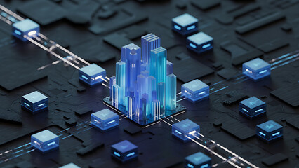 Futuristic cityscape on circuit board with glowing blue skyscrapers