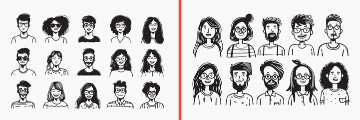 people face illustration vector, cartoon portrait expression set, human face sketch collection, male female avatar icons, facial expression doodle art, people character illustration, profile face vect