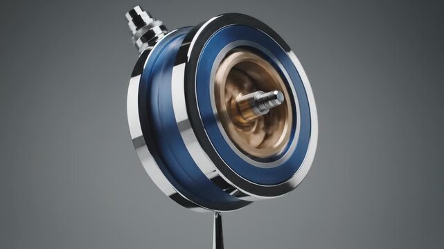 Rotating Metal Gyroscope With Blue and Gold Accents, Close Up