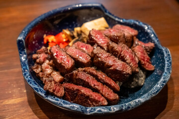 Grilled sliced wagyu ribeye beef served on the plate