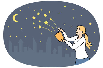 Woman pours stars into sky from yellow bucket, wanting to see beautiful night landscape and fantasizing about own positive contribution to environment. Cheerful girl decorates firmament with new stars