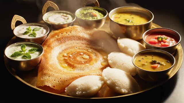 Serving South Indian Dosa With Idli and Various Chutneys in Brass Bowls