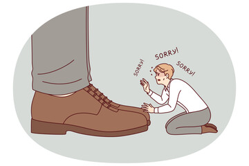 Unhappy business man asks sorry to boss, kneeling near feet of big director of corporation. Guy is humiliated and says sorry to ceo of company, out of fear of bankruptcy and unemployment.