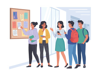 Students gathered around a bulletin board in a school hallway