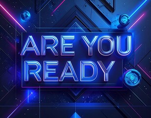 Neon blue text on a geometric background with spheres and lines