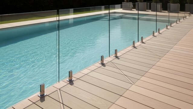 Modern swimming pool with clear water and wooden deck. Glass fence around pool for safety and contemporary design. Outdoor pool area for luxury living concept.