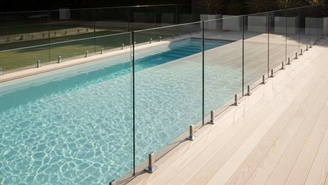 Swimming pool with clear glass fence boundary and light wood deck. Modern safety barrier and outdoor recreation concept for luxury home design.