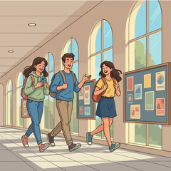 Students walking and talking in school hallway
