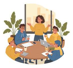 Team meeting with presenter leading discussion