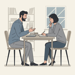 Counselor meeting with client at table with notes