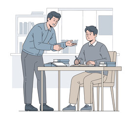 Teacher assisting student at desk with books and notebook