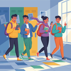 Students walking in school hallway with backpacks and devices