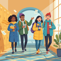 Diverse students laughing in school hallway with papers flying