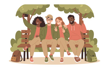 Friends taking selfie on park bench with backpacks