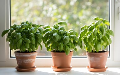 Fototapeta premium Three potted basil plants on a windowsill
