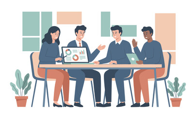 Business team reviewing data on laptop in meeting