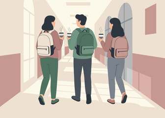 Students walking with coffee cups in school hallway