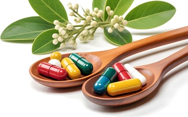 Natural supplements in wooden spoons