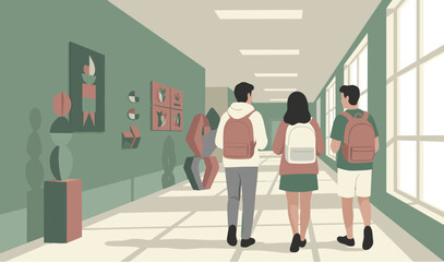 Students walking through art gallery hallway