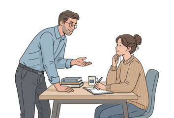 Teacher helping student with notebook and coffee