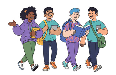 Diverse students walking and chatting with books and devices