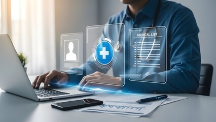 Man working on laptop with virtual medical interface and documents
