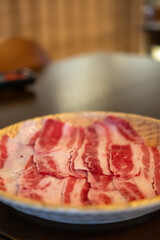 Close up of sliced brisket, raw meat. prepared for cooking