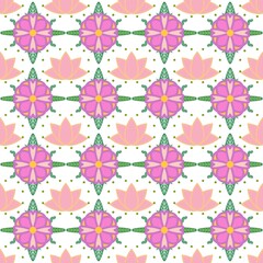 Seamless floral pattern featuring stylized lotus flowers in pink and purple with green leaves and dotted accents on a white background, perfect for fabric, wallpaper, and decorative design.