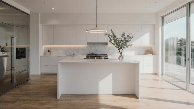 Bright, modern kitchen with island and marble accents