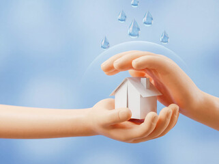 Human hands protecting small paper house from water drops insurance claim home security maintenance repair advertisement background copy space