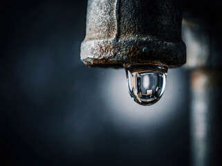 Macro water drop hanging from pipe house maintenance repair insurance claim emergency plumbing service advertisement background copy space moisture