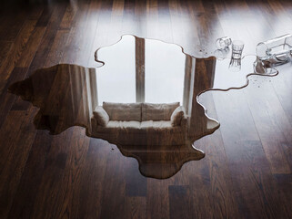 Flooded house floor with water reflections living room damage insurance claim house maintenance repair service advertisement background copy space top view