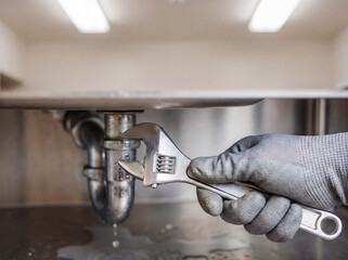 Plumber hand holding wrench tool ready to fix water leak pipe background house maintenance repair professional service advertisement copy space plumbing worker