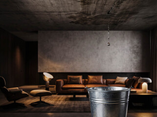 Home insurance concept with water dripping from ceiling into metal bucket living room flood damage house maintenance repair service advertisement background copy space