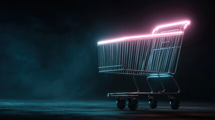 Online shopping concept with metal shopping cart and neon glow for black friday promotion