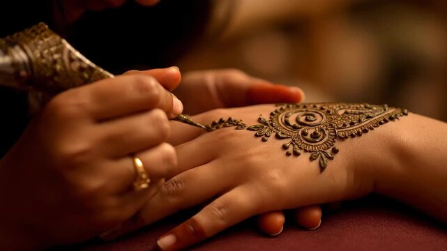 Artist Applying Intricate Traditional Henna Mehndi Design on Hand