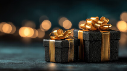 Christmas black friday big sale concept with two black gift boxes on dark blurred bokeh background