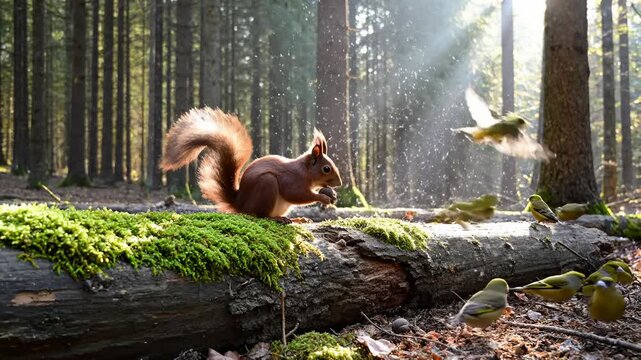 Red Squirrel Foraging Nut on Mossy Log With Birds in Forest