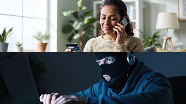  African-American woman holding credit card and talking on phone with scammer at home, senior female victim of online crime, cyber fraud and internet financial scam concept
