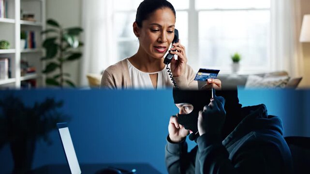  African-American woman holding credit card and talking on phone with scammer at home, senior female victim of online crime, cyber fraud and internet financial scam concept
