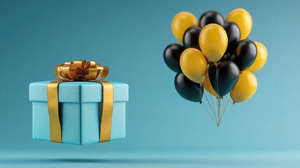 Cyber Monday and Black Friday promotion with blue gift box gold ribbon and floating balloons