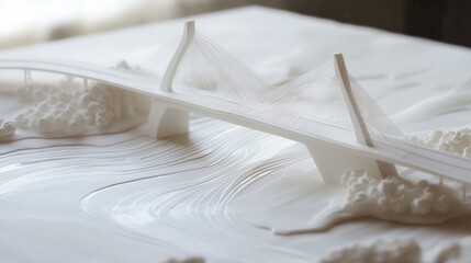 white bridge mockup with detailed supports and tactile terrain, modelmaker workshop scene emphasizing structural nodes, assembly study and material exploration for practical fabrication