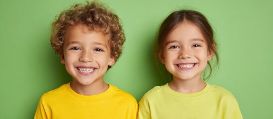 Two smiling children, a boy and a girl, wearing bright yellow t-shirts, stand together against a vibrant green background, radiating joy and friendship in a playful atmosphere