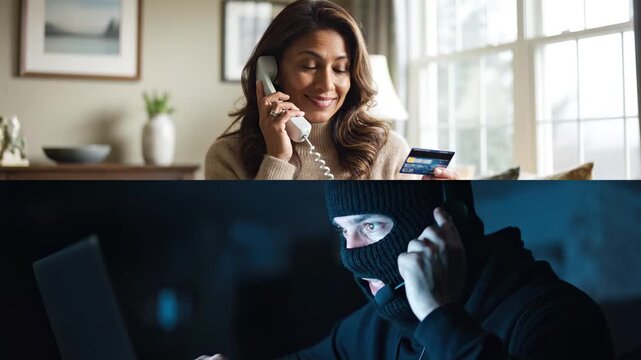  African-American woman holding credit card and talking on phone with scammer at home, senior female victim of online crime, cyber fraud and internet financial scam concept