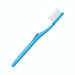 A blue toothbrush with white bristles is shown against a white background
