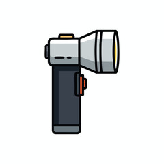 An illustrated flashlight in shades of gray, black, and orange on a white background