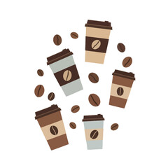 Obraz premium Coffee To Go Cups and Beans Arranged in Circle Pattern - Flat Design