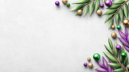 Banner with elegant Mardi Gras elements, tropical leaves and beads, featuring large empty copy space for advertising, representing festive celebration, carnival style and promotional design